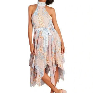 Floral Patchwork Halter Dress with High Neck and Handkerchief Hem UK‎ Size 12